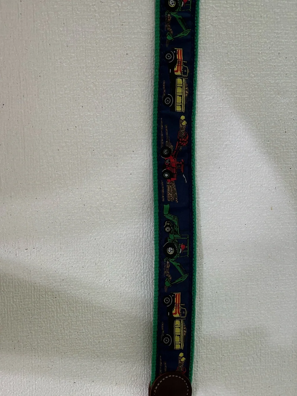Kids Green Tractor Pattern Belt with Brown Leather Accents